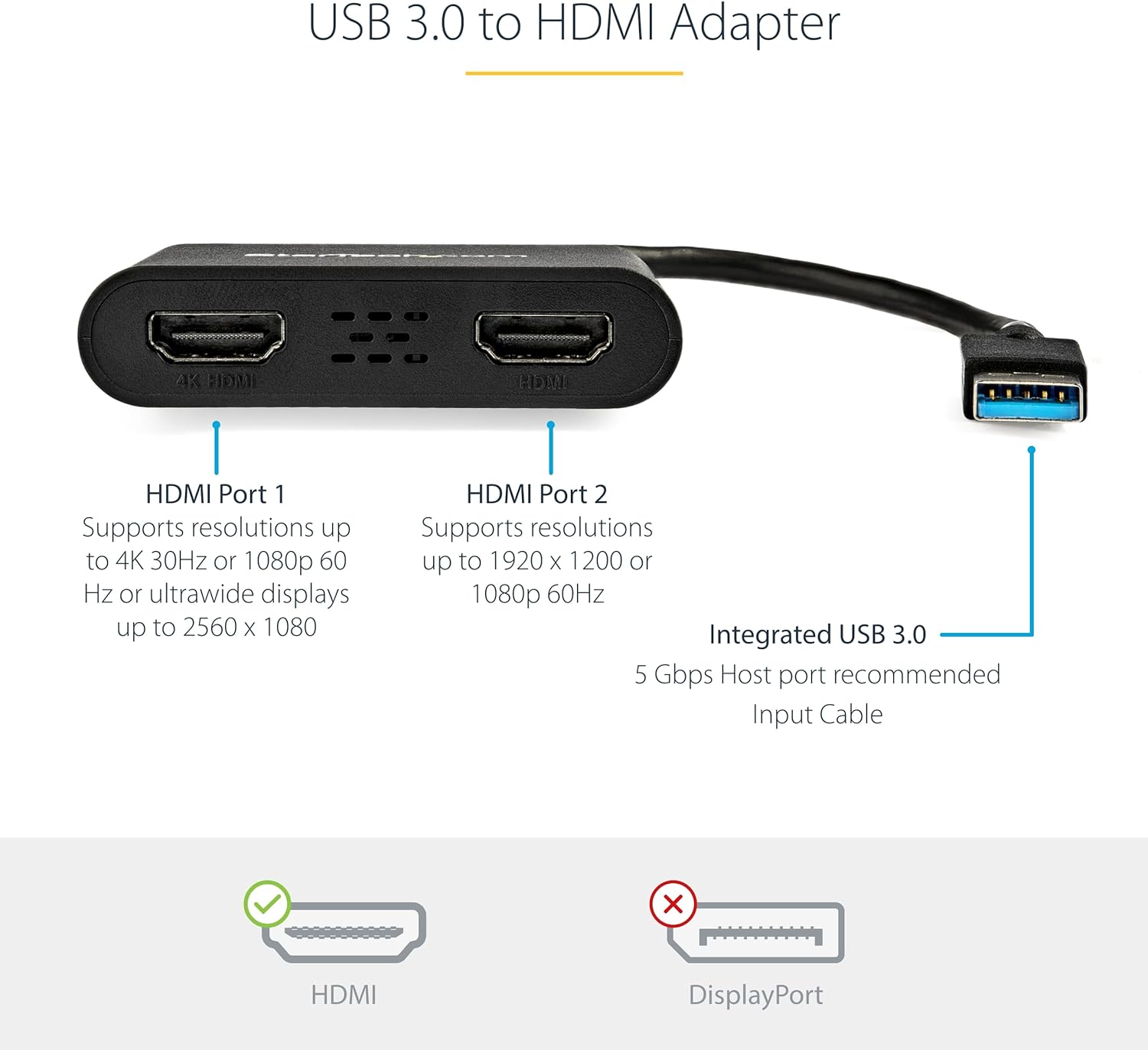 StarTech.com USB 3.0 to Dual HDMI Adapter - 1x 4K 30Hz & 1x 1080p - External Video & Graphics Card - USB Type-A to HDMI Dual Monitor Display Adapter - Supports Windows Only - Black (USB32HD2