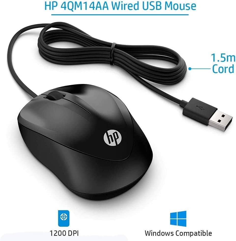 HP 1000 - Ratón con Cable (1200 PPP, 2 Botones y Rueda de Desplazamiento, 1,5 m de Cable, ConexiónUSB, Windows), Color Negro