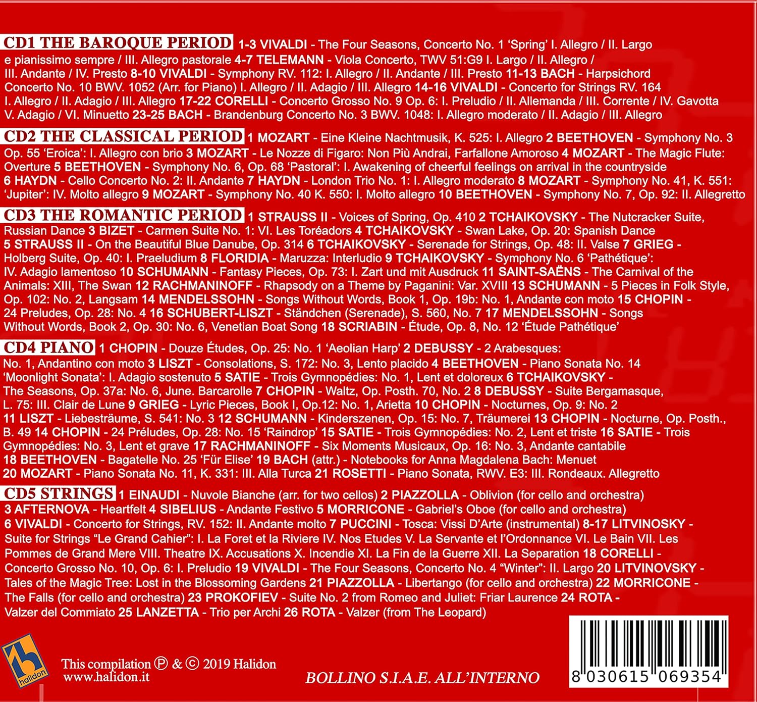 5 CD 100 Classical Music Pieces, Baroque, Classical, Romantic, Piano and Strings Music, Mozart, Chopin, Bach...
