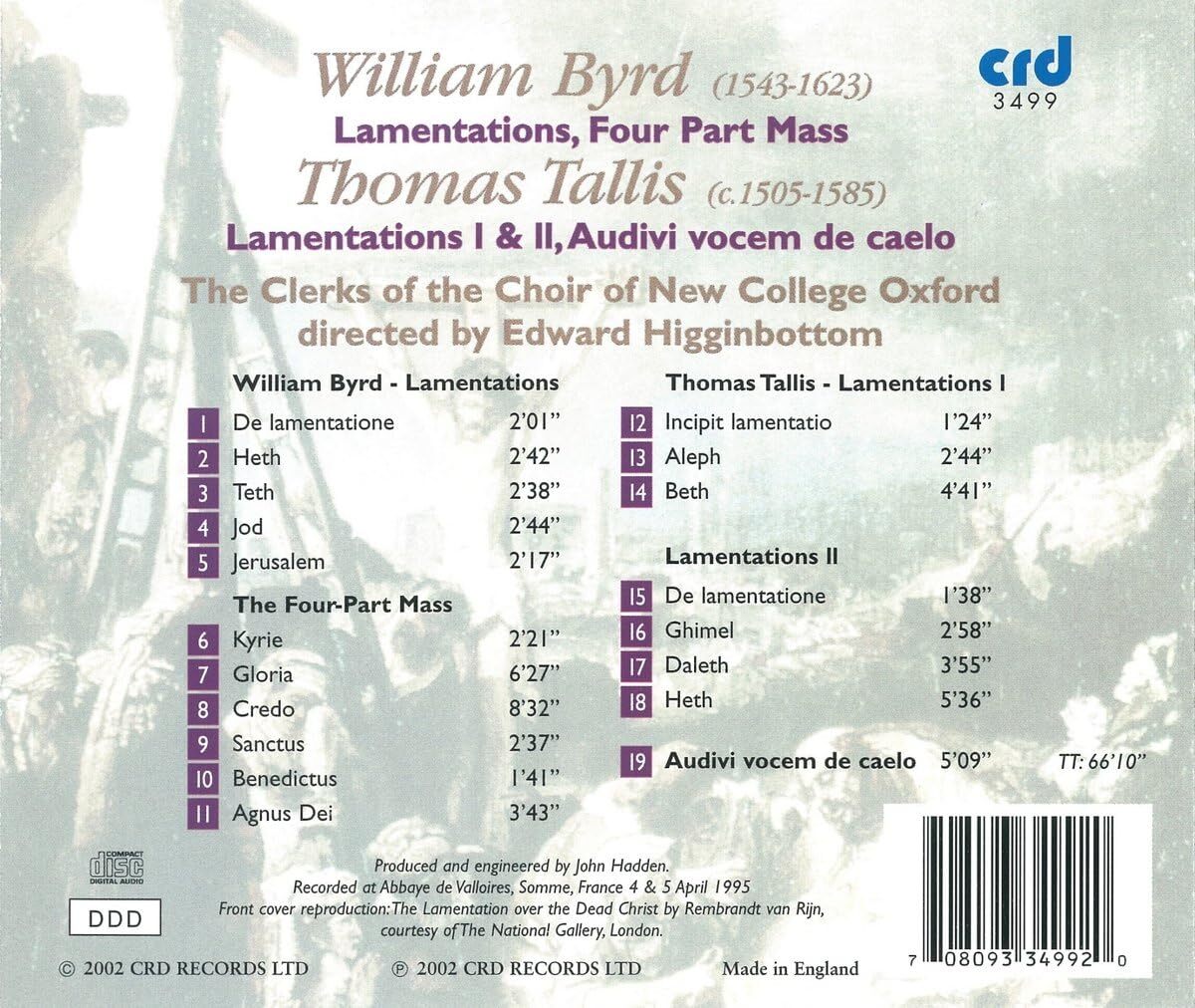 William Byrd: Lamentations/Four Part Mass/Thomas Tallis:...