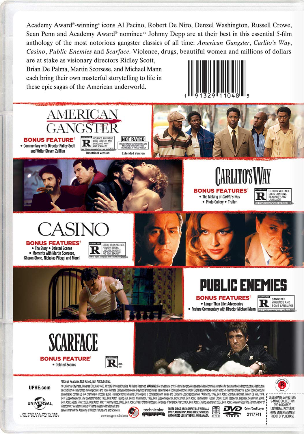 Legendary Gangsters: 5-Movie Collection (American Gangster / Carlitos Way / Casino / Public Enemies / Scarface)