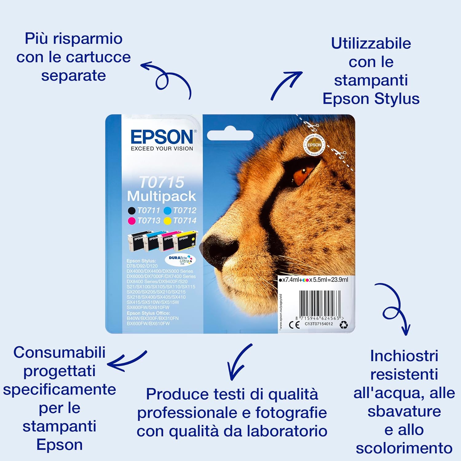 Epson Ghepardo Serie T0715, DURABrite Ink, Multipack 4 Colori, Nero, Ciano, Magenta, Giallo