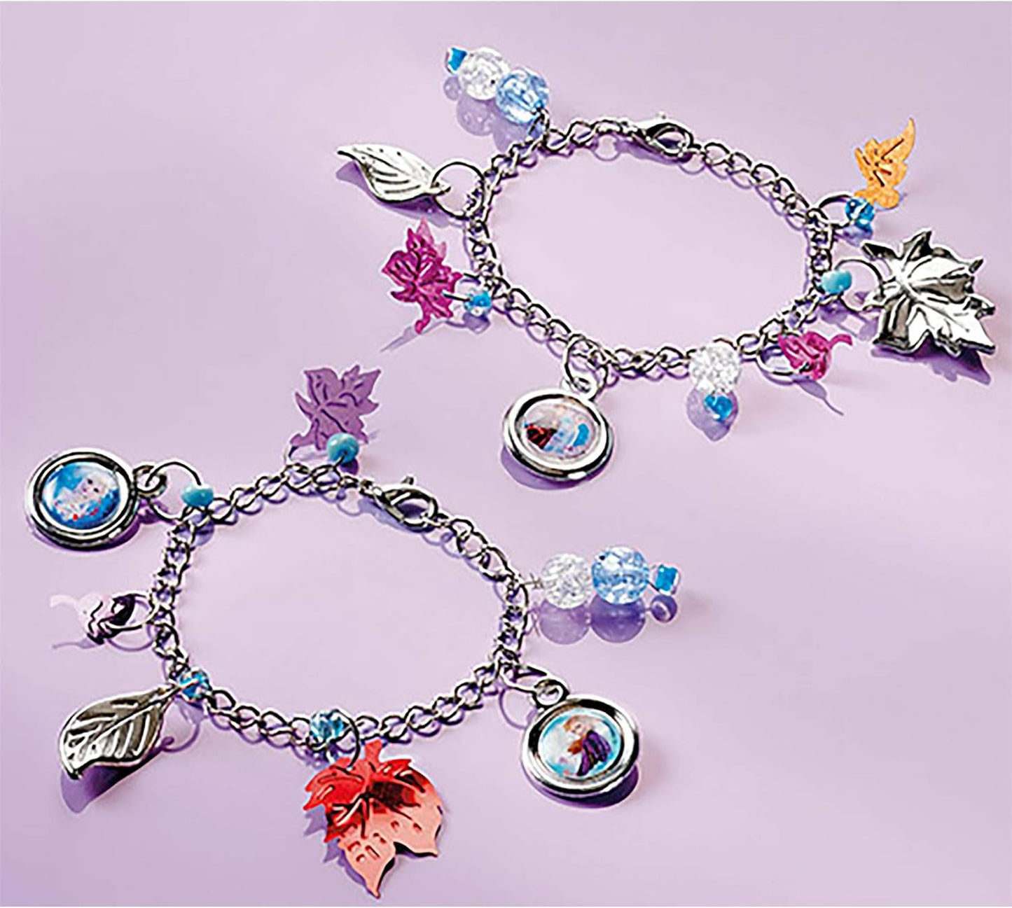 Frozen II 680654 Bettelarmbänder Disney Charm Set-Make Chain Bracelets with Silver Leaf Beautiful Beads and Stickers by Anna and Elsa Gift for Girls, Multicoloured