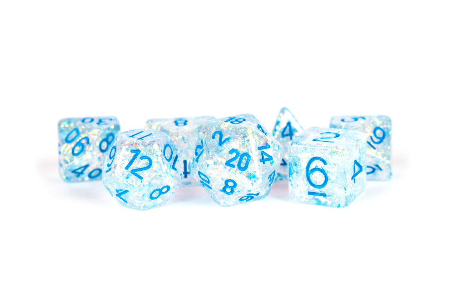 Clear Flash Dice with Blue Numbers Resin 16mm (5/8in) 7 Dice Set Metallic Dice Games