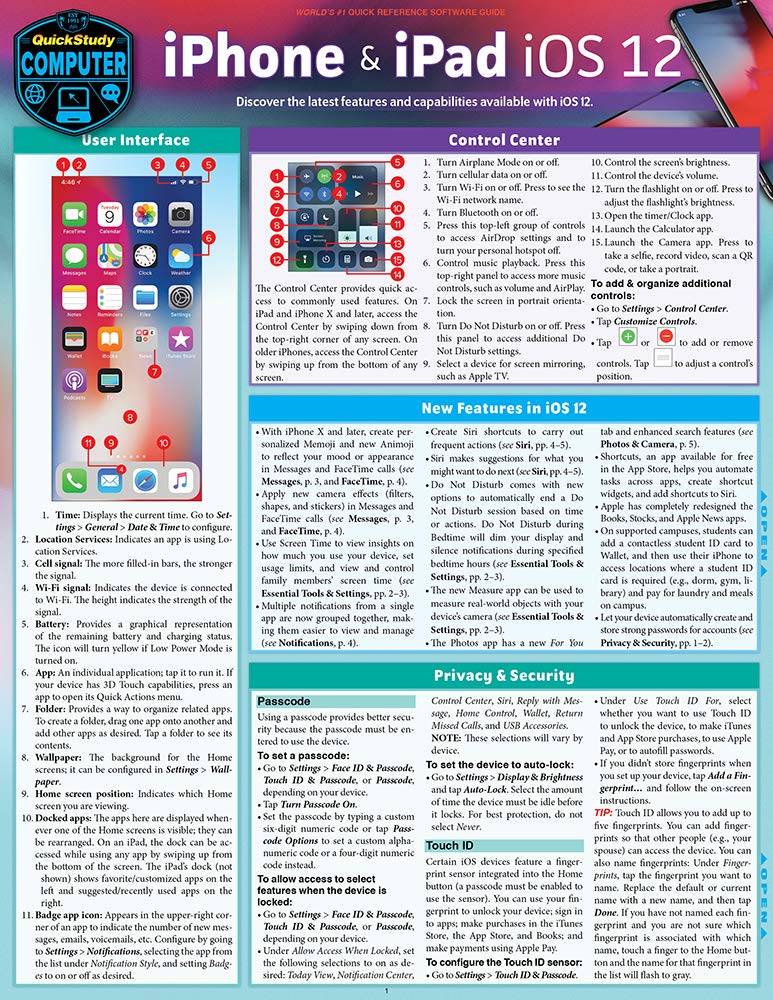 iPhone & iPad IOS 12: A Quickstudy Laminated Reference Guide (Quickstudy Reference Guide)