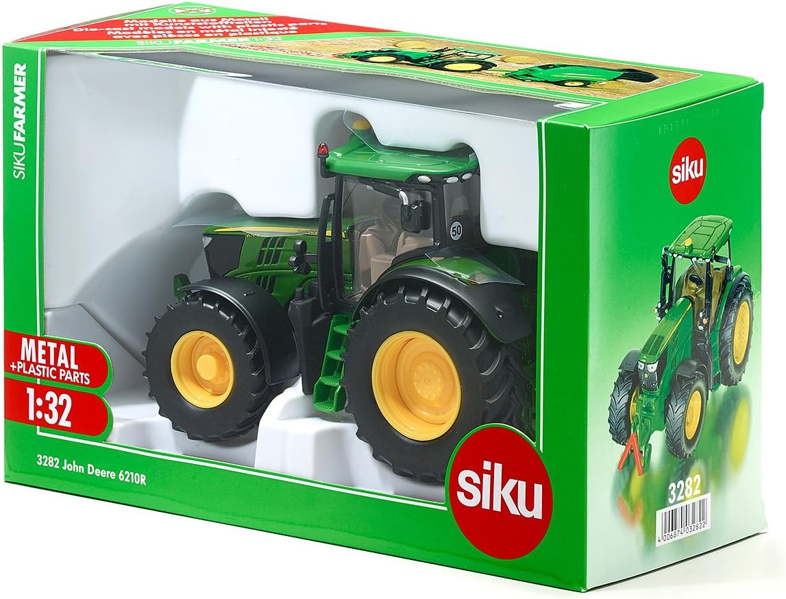 siku 3282, John Deere 6210R Tractor, 1:32, Metal/Plastic, Green, Ackermann steering and hitch