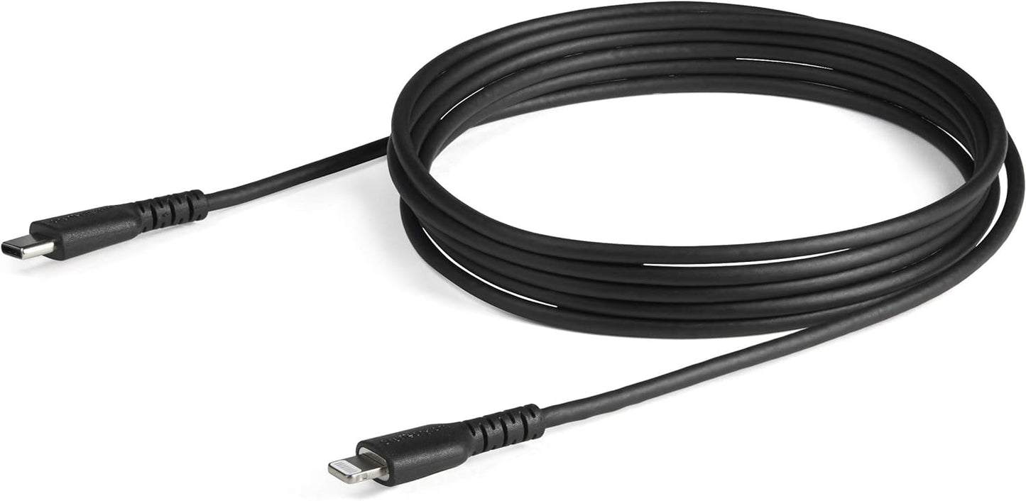 StarTech.com 2m USB C to Lightning Cable - Durable Black USB Type C to Lightning Connector Fast Charge & Sync Charging Cord, Rugged w/Aramid Fiber Apple MFI Certified iPhone 11 iPad Air (RUSBCLTMM2MB