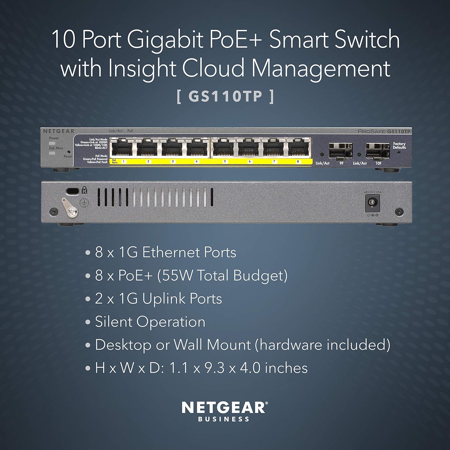 NETGEAR 10-Port PoE Gigabit Ethernet Smart Switch (GS110TP) - Managed, with 8 x PoE+ @ 55W, 2 x 1G SFP, Optional Insight Cloud Management, Desktop or Wall Mount, and Limited Lifetime Protection