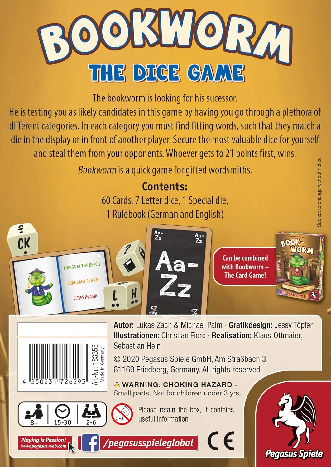 Pegasus Spiele- Bookworm Dice Game, Color incoloro (PES18335E