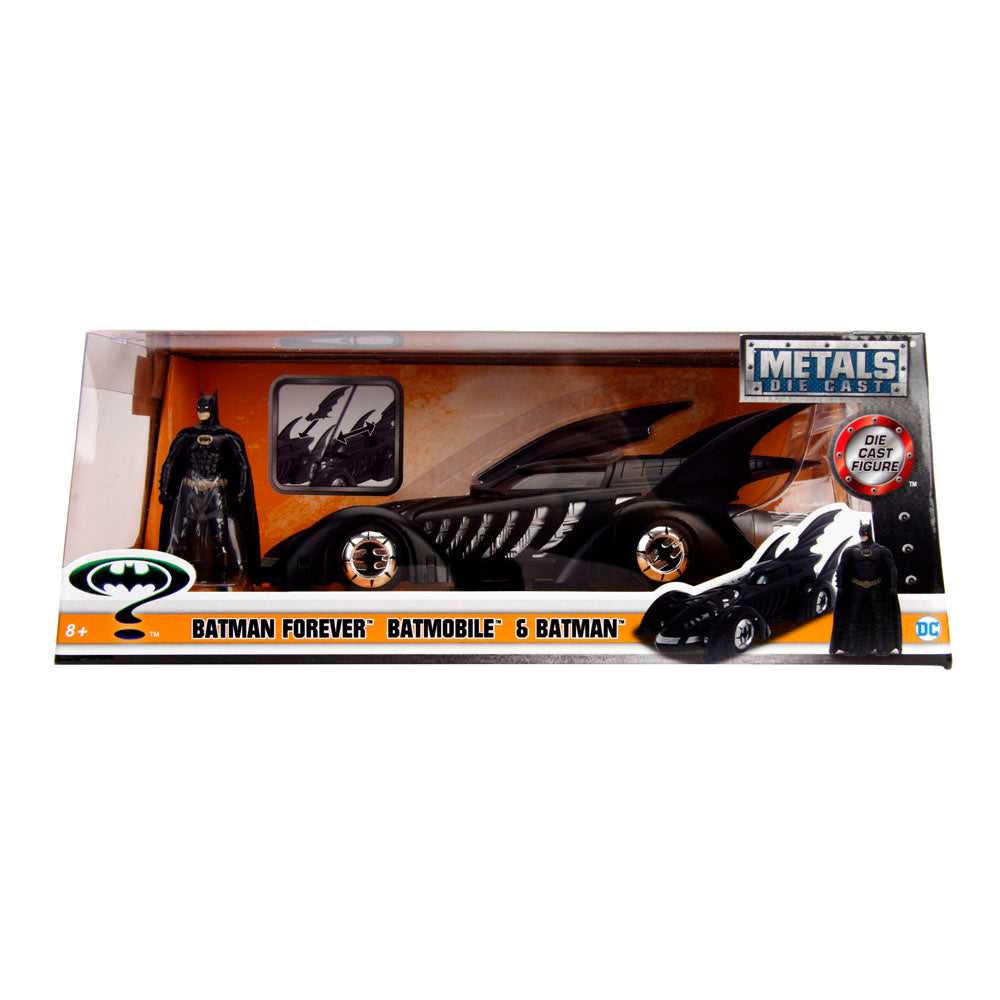 Jada Toys 253215003 Batmobil 1995, hochdetailiertes 1:24 Modellauto inkl. Batman-Figur, Cockpit und Türen können geöffnet werden, mit Freilauf, schwarz