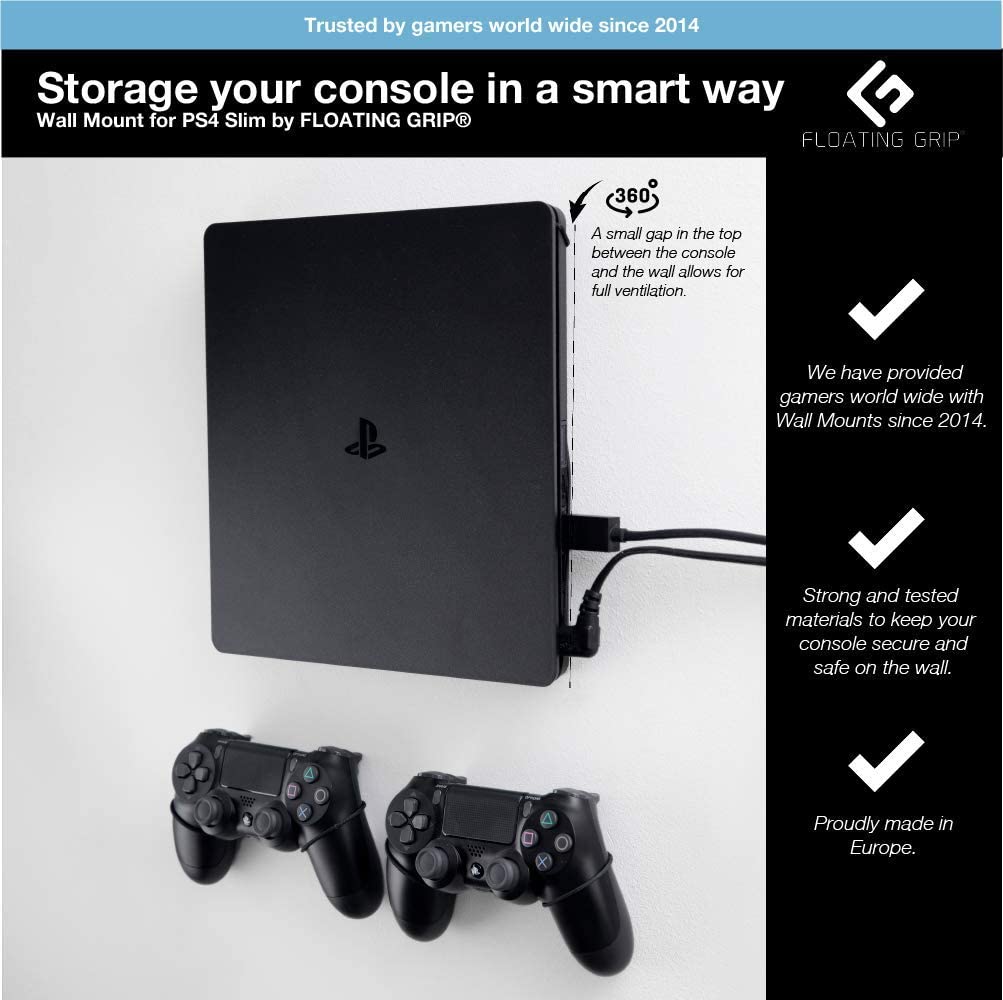 PS4 Slim Wall Mount by FLOATING GRIP - Bundle