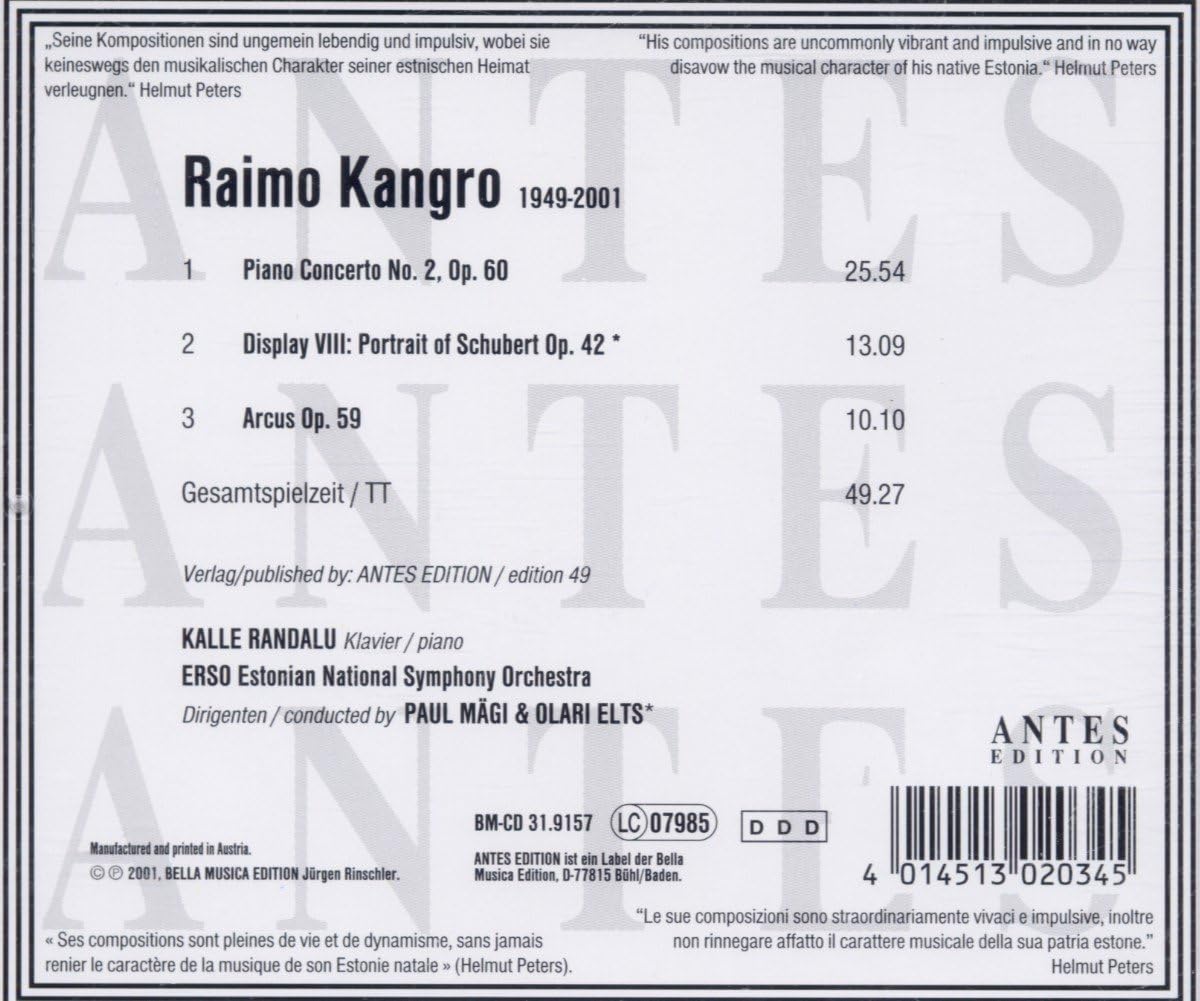 Kangro: Piano Concerto No. 2, Op. 60 / Display VIII: Portrait of Schubert, Op. 42 / Arcus, Op. 59
