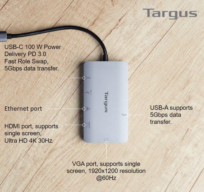 Targus USB-C Alt Mode Single Video 4K HDMI/VGA Adapter, Ethernet, 2 x USB-A with 100W Power Delivery Pass-Thru (DOCK419EUZ