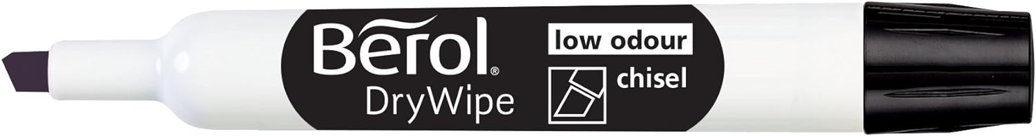 Berol DryWipe Whiteboard Marker Pens | Chisel Tip | Black Low-Odour Ink | 48 Count Dry Erase Markers