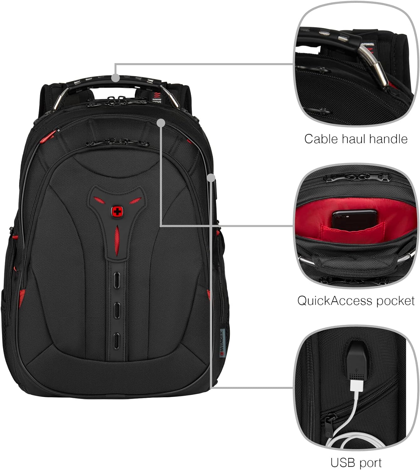Wenger 606492 Pegasus Ballistic Deluxe 14'/16' Expandable Laptop Backpack, Padded Laptop Compartment with SmartCharge USB Port in Black (25 litres
