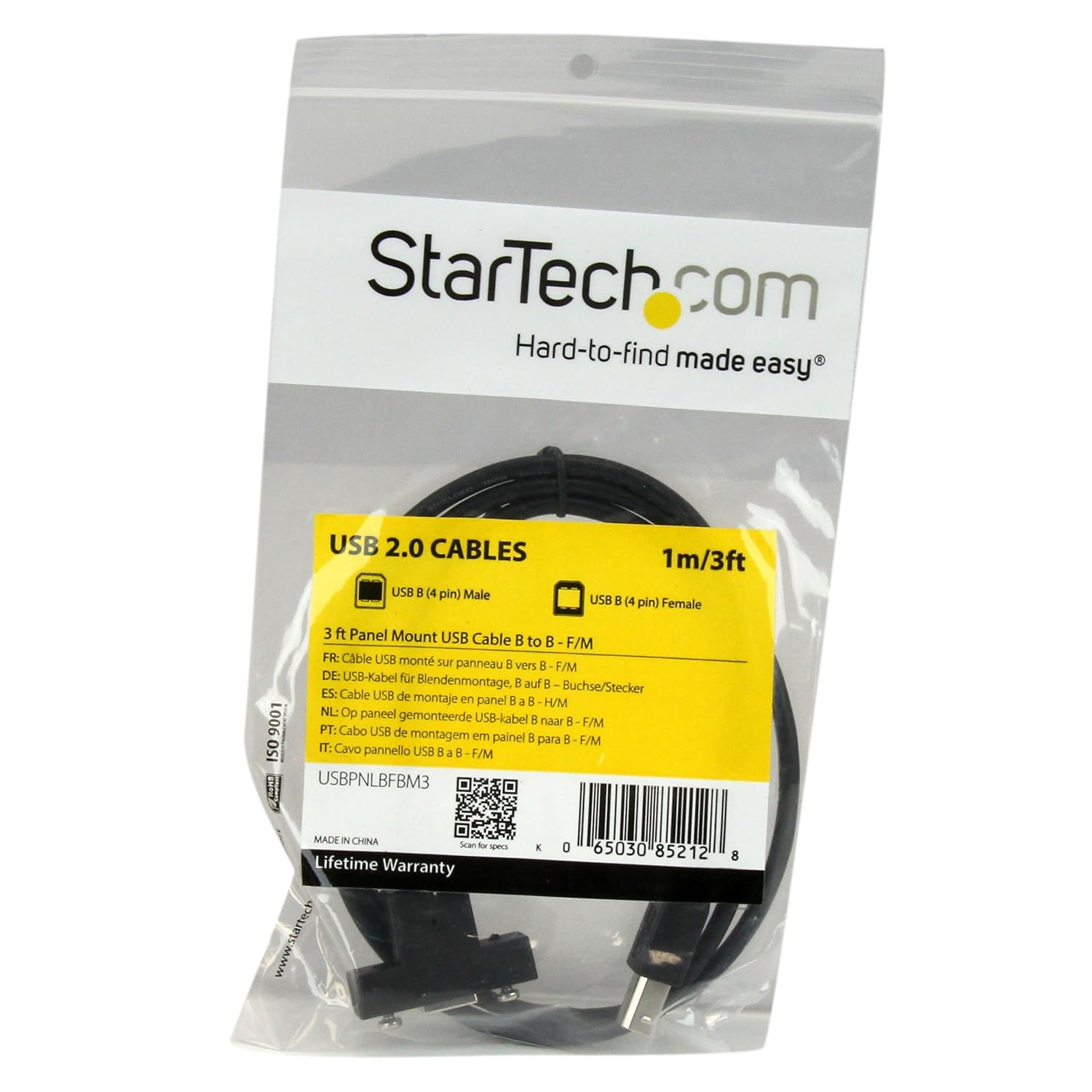 StarTech.com USBPNLBFBM3 3 ft Panel Mount USB Cable B to B, F/M, Panel Mount USB Extension USB-B Female to USB-B Male Adapter Cable, USB-B (F) Port, Black