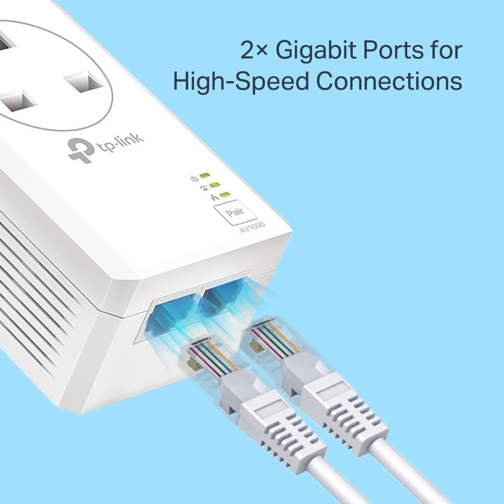 TP-Link TL-PA7027P KIT AV1000 2-Port Gigabit Passthrough Powerline Starter Kit, Data Transfer Speed Up to 1000 Mbps, Ideal for HD/3D/4K Video Streaming and Online Gaming, No Configuration Required