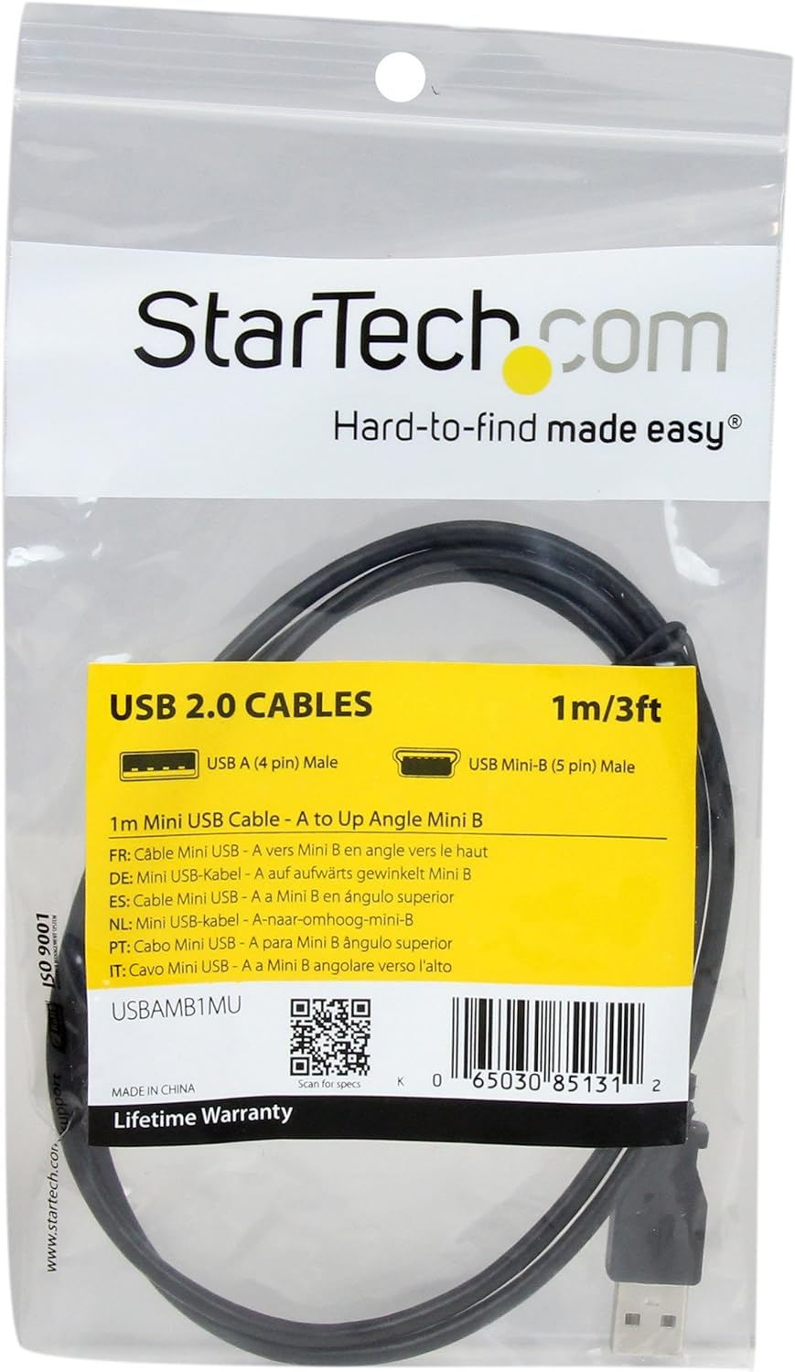 StarTech.com 1m Mini USB Cable Cord - A to Up Angle Mini B - Up Angled Mini USB Cable - 1x USB A (M), 1x USB Mini B (M) - Black (USBAMB1MU