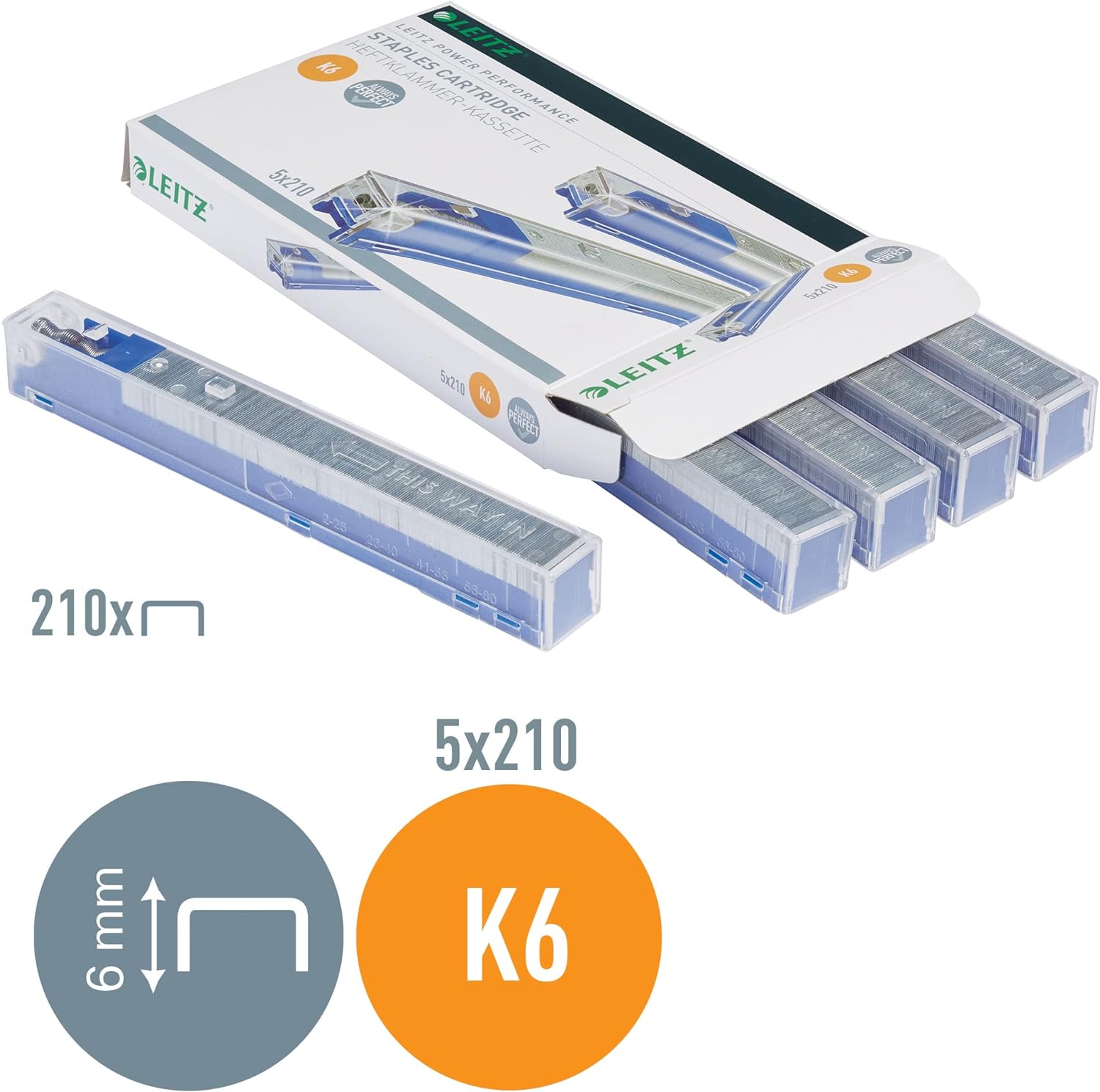 Leitz 55910000 K6 Power Performance Stapler Cartridge, 25 Sheet Capacity, Strong Steel, 1050 Staples, Length 6 mm - Blue