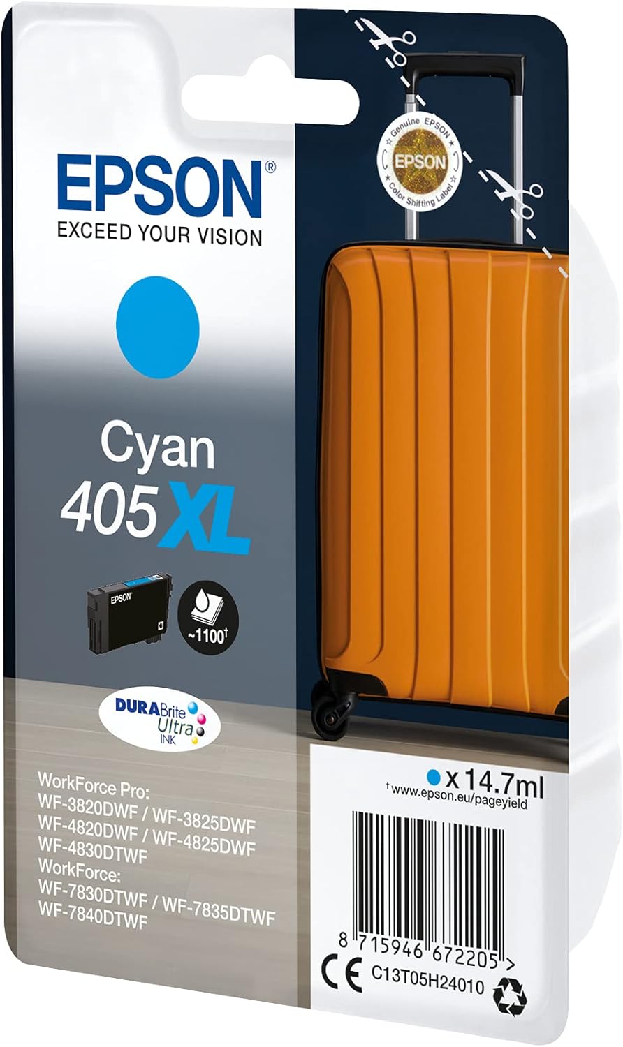 Epson 405XL Cyan Suitcase High Yield Genuine, DURABrite Ultra Ink