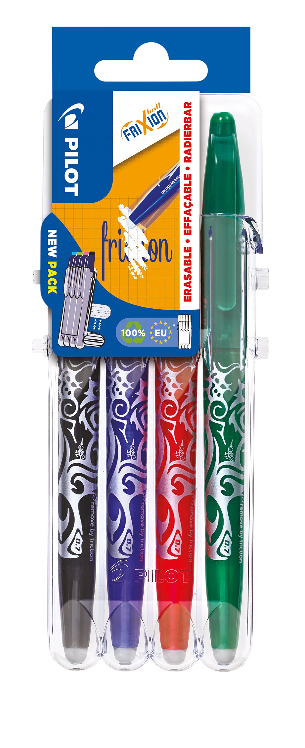 Pilot Frixion 2260SG4E - Bolígrafo roller (0,7 mm, 4 unidades), color negro, azul, rojo y verde