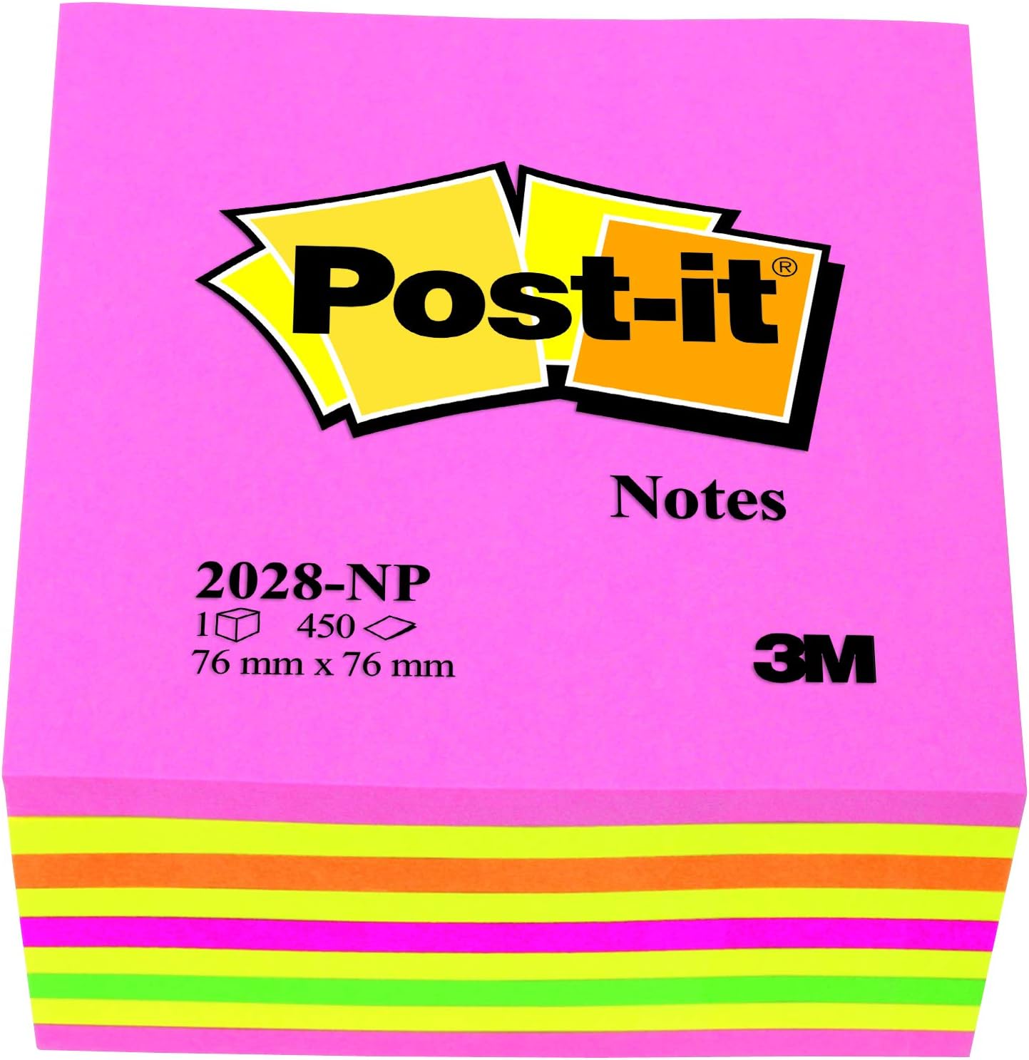 Post-it Sticky Notes Cube Neon Collection, Pack of 1 Pad, of 450 Sheets, 76 mm x 76 mm, Pink, Yellow, Orange, Green Colors - Self-stick Notes For Note Taking, To Do Lists & Reminders
