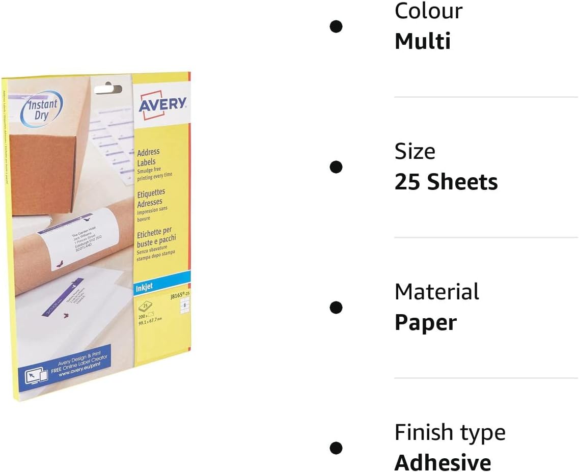 Avery Self Adhesive Parcel Shipping Labels, Inkjet Printers, 8 Labels Per A4 Sheet, 200 labels, QuickDRY (J8165), Multi