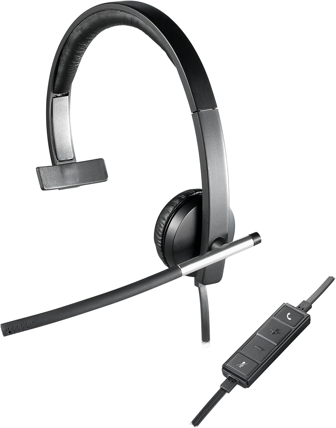 Logitech H650e Wired Headset, Mono Headphone with Noise-Cancelling Microphone, USB, In-Line Controls, Indicator LED, PC/Mac/Laptop - Black