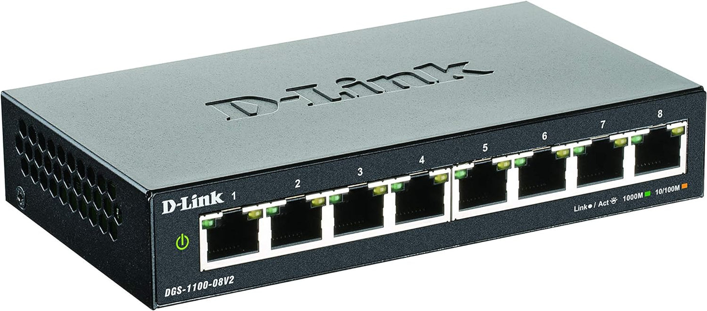 D-Link DGS-1100-08V2 8-Port Gigabit Smart Managed Switch with VLAN support, layer 2 features, QoS, 802.3az EEE, Fanless, Black