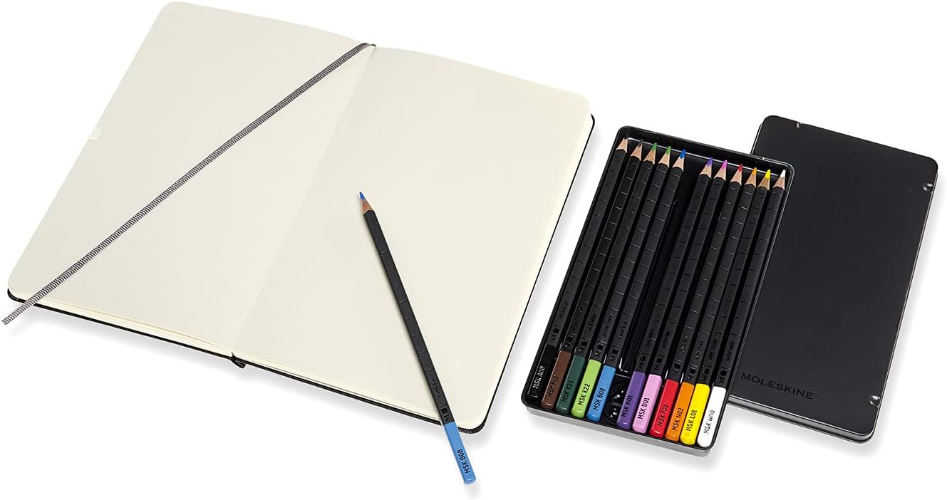 Moleskine - Drawing Kit - Notebook for Sketches and 12 Watercolor Pencils - Hard Cover Plain Paper Notebook, Size Large 13 x 21 cm + Watercolor Pencils in 12 Different Shades