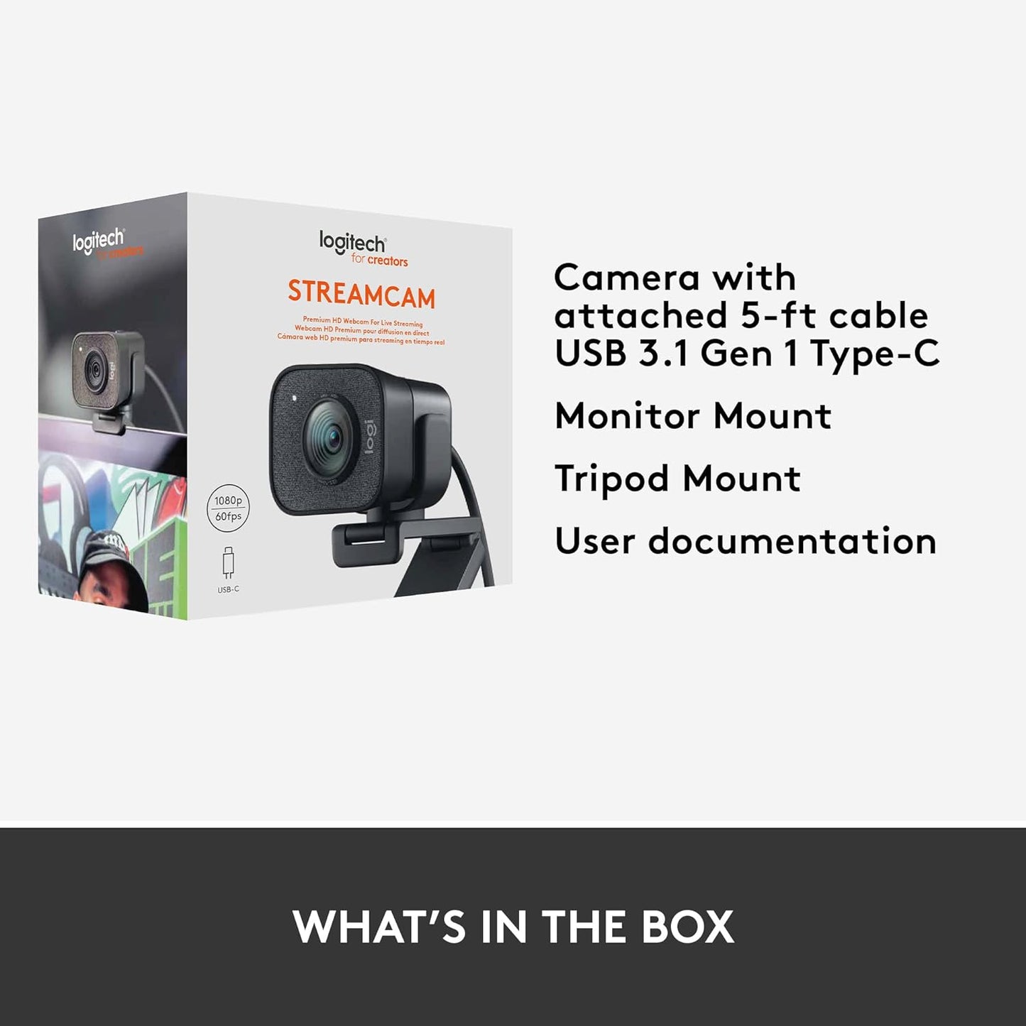 Logitech StreamCam – Live Streaming Webcam for Youtube and Twitch, Full 1080p HD 60fps, USB-C Connection, AI-enabled Facial Tracking, Auto Focus, Vertical Video - GRAPHITE
