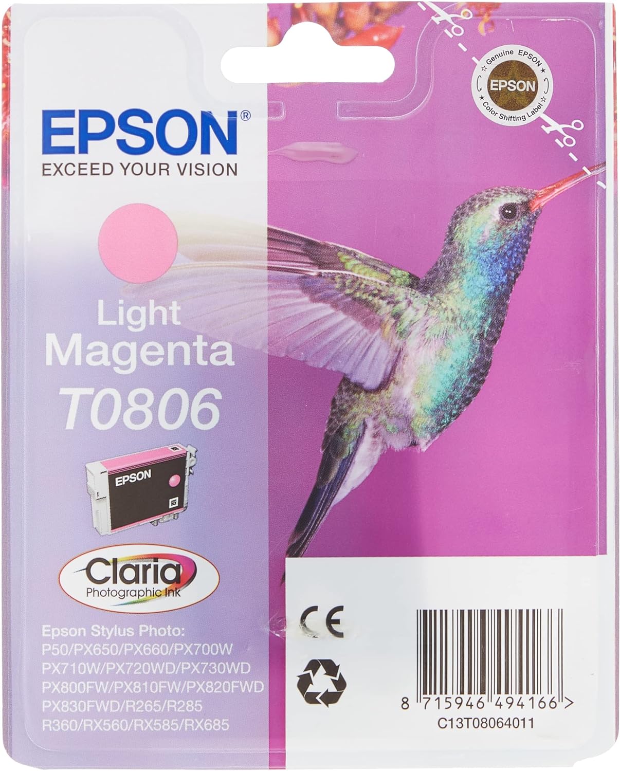 Epson Original C13T08064011 T0806 Light Magenta Ink Cart, Genuine