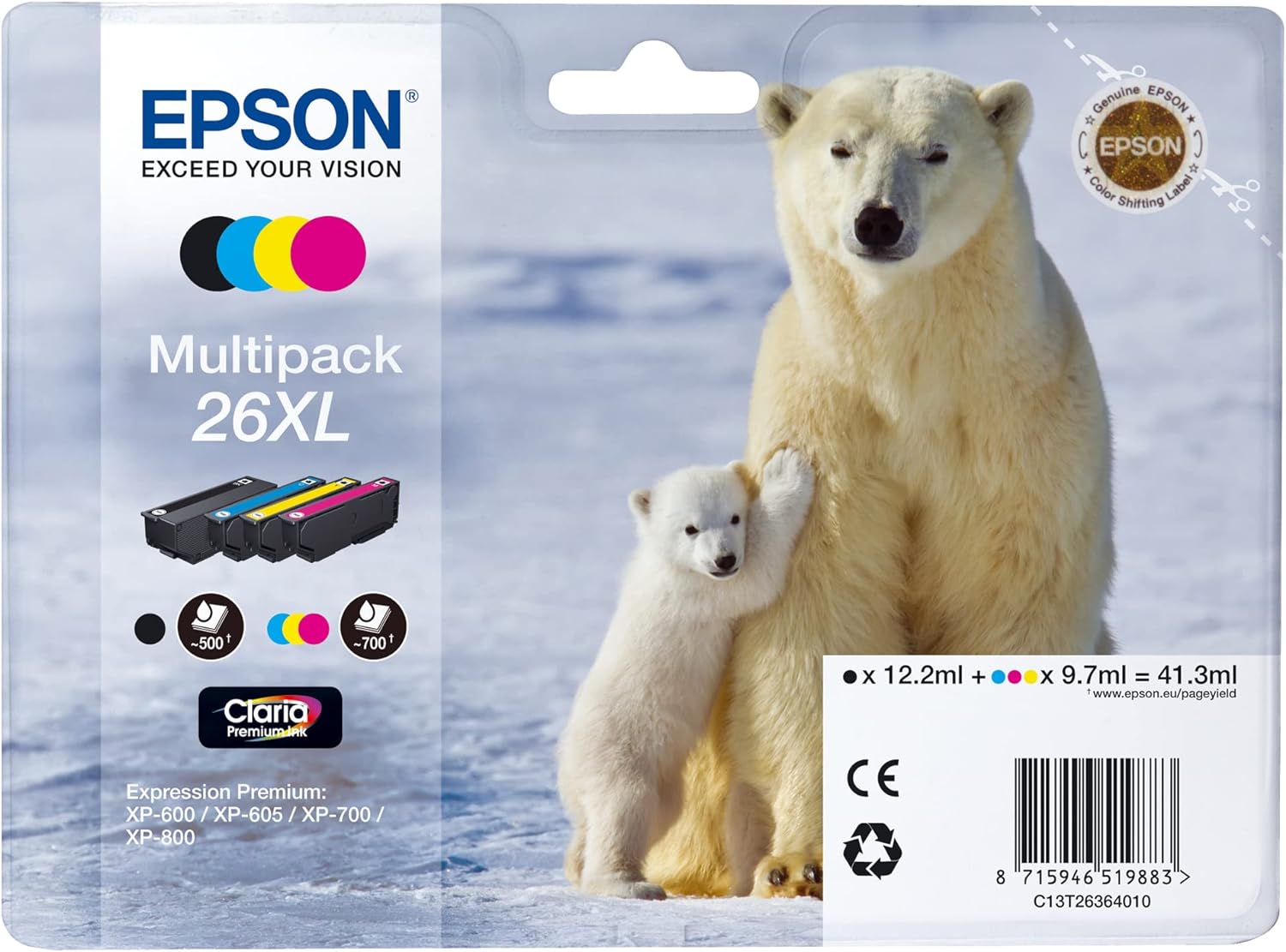 Epson C13T26364010 Cartuccia a Getto d'Inchiostro 26Xl T2636 Claria Multipack 4, da 41.3 ml