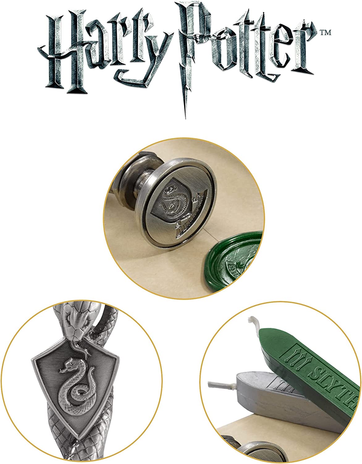The Noble Collection Harry Potter Slytherin Wax Seal - 6.5in (16.5cm) Die Cast Metal Stamp and Coloured Green and Silver Wax Set - Officially Licensed Film Set Movie Props Gifts Stationery