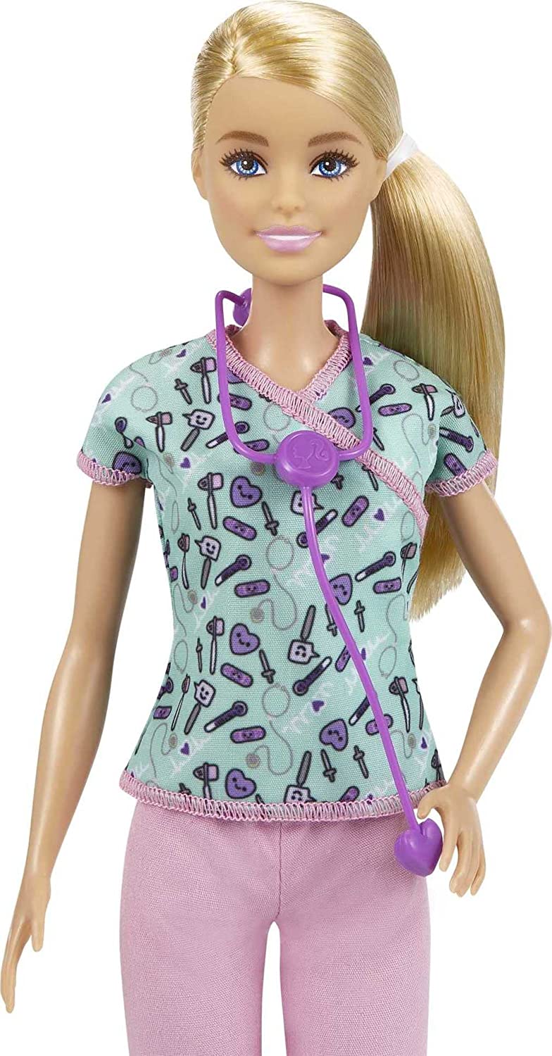 Barbie Nurse Blonde Doll (12-in/30.40-cm) with Scrubs Featuring a Medical Tool Print Top & Pink Pants, White Shoes & StethoscopeAccessory, Great Gift for Ages 3 Years Old & Up, GTW39