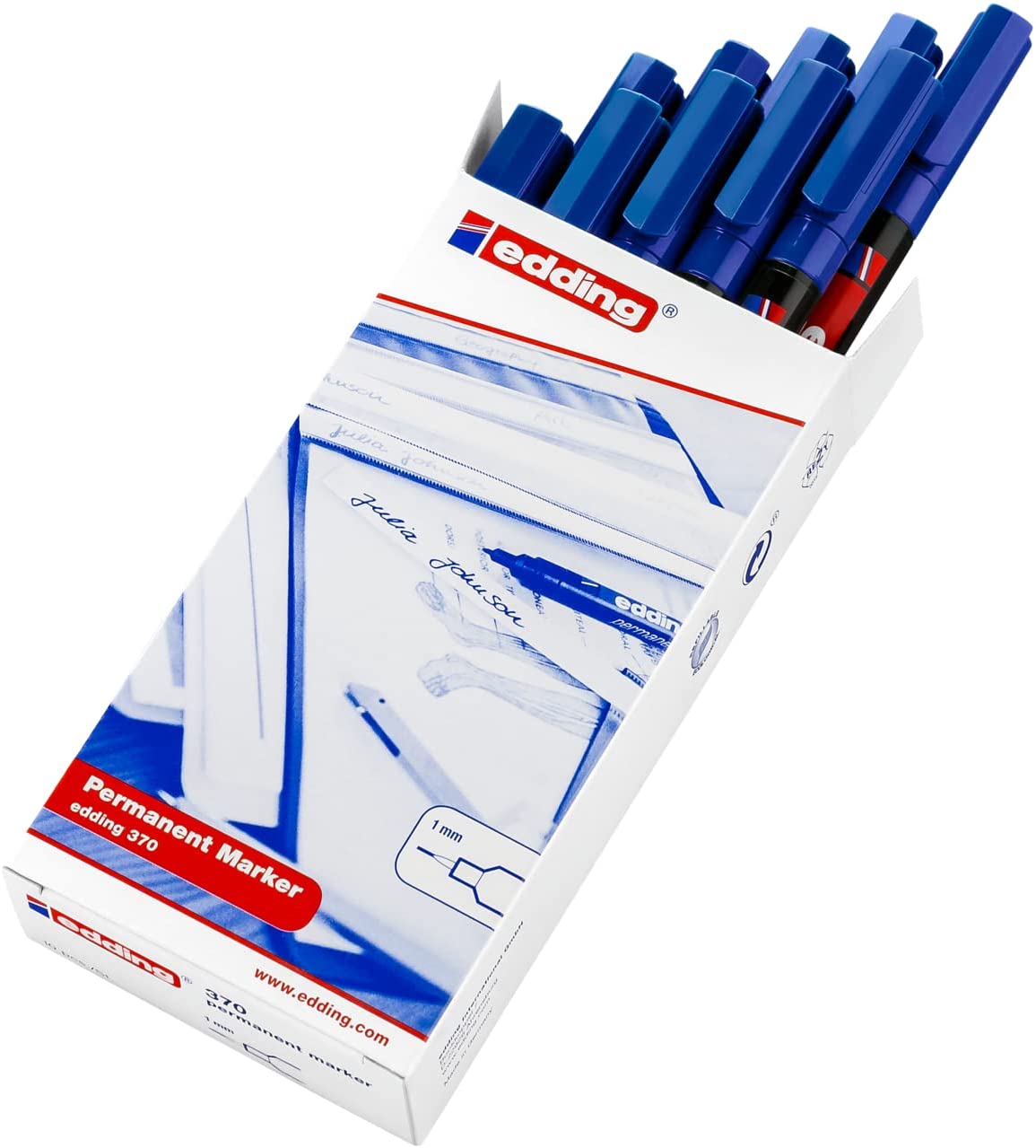 edding 370 - blue - box of 10 - fine bullet nib 1 mm - waterproof, quick-drying - multi-purpose marker, universal pen - for cardboard, plastic, wood, metal, glass, pebbles, canvas