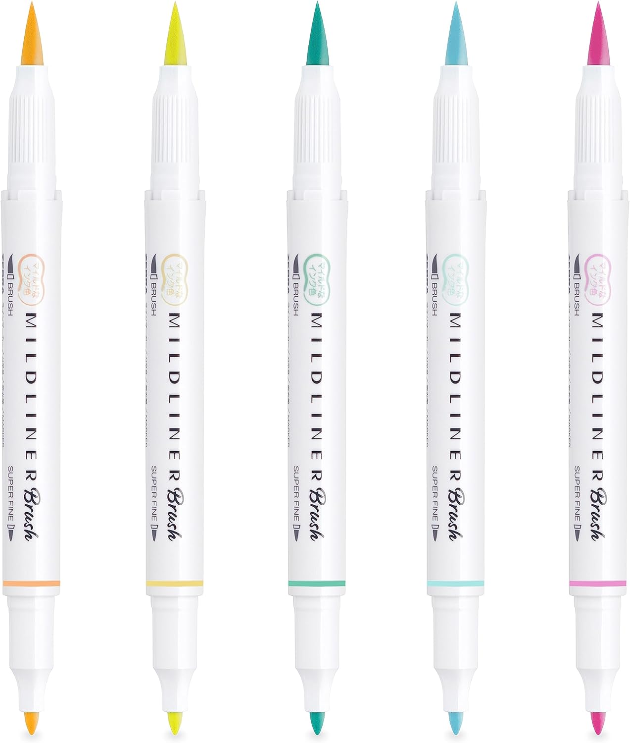 Zebra Pen MILDLINER Dual Tip Brush Pens, Felt Tip Pens For Adults, Bullet Tip & Brush Tip Colouring Pens For Style & Convenience, Double Ended Mildliner Colouring Pens, Fluorescent Colours 5pk