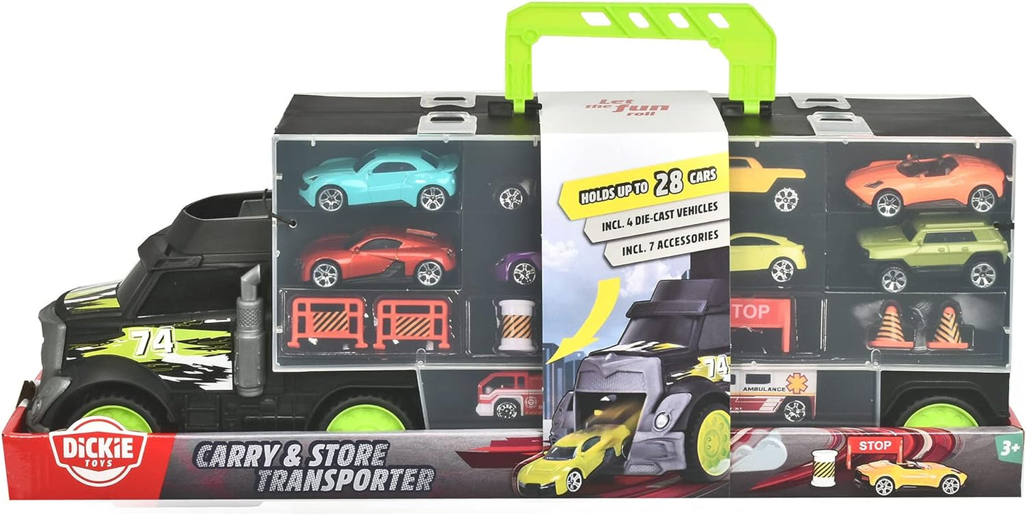 Dickie Toys Carry & Store Transporter - Toy Truck for Storing 28 Toy Cars, Includes 4 Cars, Includes Accessories, with Ramp, for Children Aged 3 and Above, Zerowaste Packaging