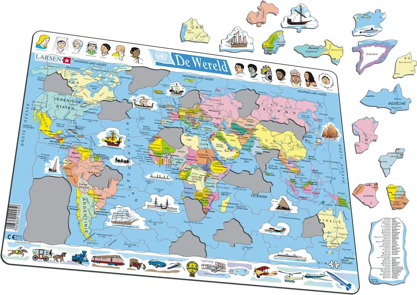 Larsen K1 De Wereld Politieke Kaart, Nederlands editie, Frame puzzel met 107 stukjes