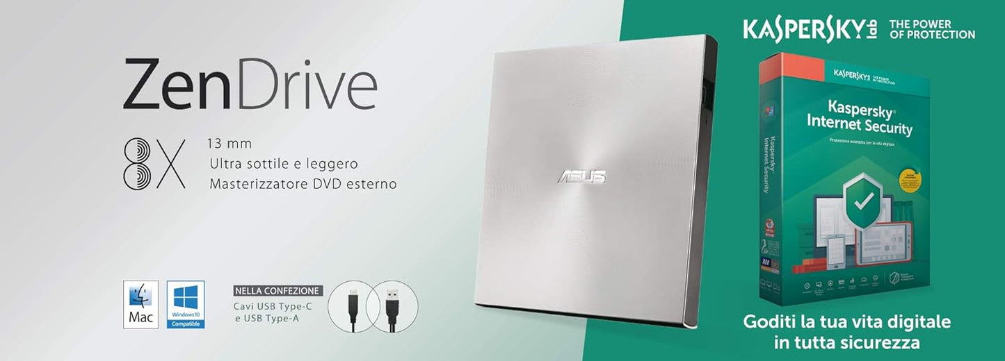 Asus Externer Brenner ZenDrive U9M Ultra Slim Typ C, kompatibel mit Windows und Mac OS, Farbe Silver + Software Internet Security Kaspersky