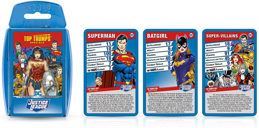 Top Trumps Juego de Cartas Especiales de la Liga de la Justicia, Juega con superhéroes y Villanos, Incluyendo Batman, Superman, Wonder Woman, Joker, Poison Ivy y Catwoman, Regalo y Juguete para niños