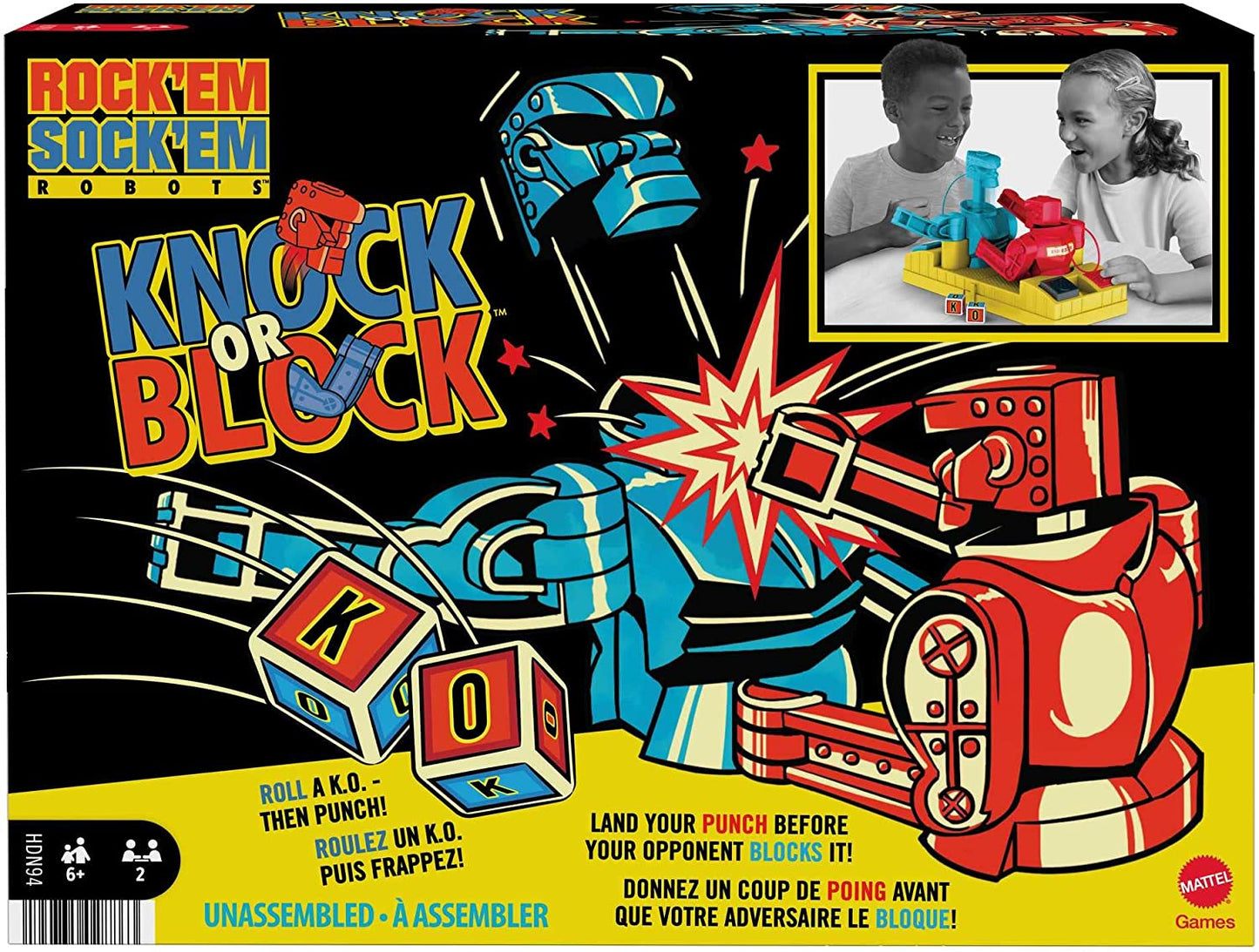 Mattel Games - Rock 'Em Sock 'Em Robots Colpisci e Blocca, Gioco da Pugilato ad Azionamento Manuale con Scontro sul Ring tra i Personaggi Red Rocker e Blue Bomber, Giocattolo per Bambini 6+ Anni