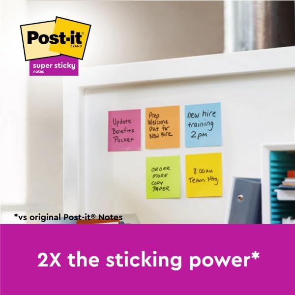 Post-it Super Sticky Notes Playful Color Collection, Pack of 6 Pads, 90 Sheets per Pad, 76 mm x 76 mm, Red, Orange, Yellow, Green, Blue - Extra Sticky Notes For Note Taking, To Do Lists & Reminders