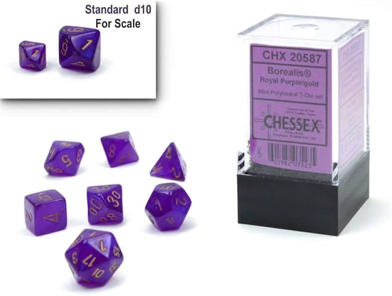 Chessex Dice Set – 10mm Borealis Purple/Gold Luminary Polyhedral Dice Set – Dungeons and Dragons D&D DND TTRPG Dice – Includes 7 Dice - D4 D6 D8 D10 D12 D20 D% (CHX20587)