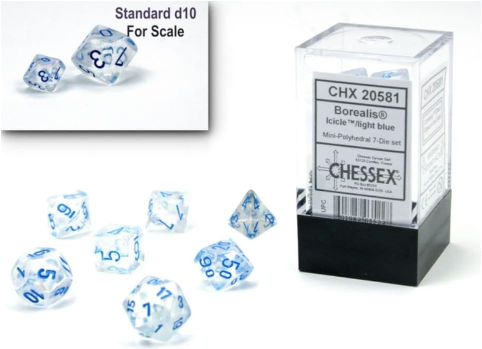 Chessex Dice Set – 10mm Borealis Light Blue Luminary Polyhedral Dice Set – Dungeons and Dragons D&D DND TTRPG Dice – Includes 7 Dice - D4 D6 D8 D10 D12 D20 D%, (CHX20581