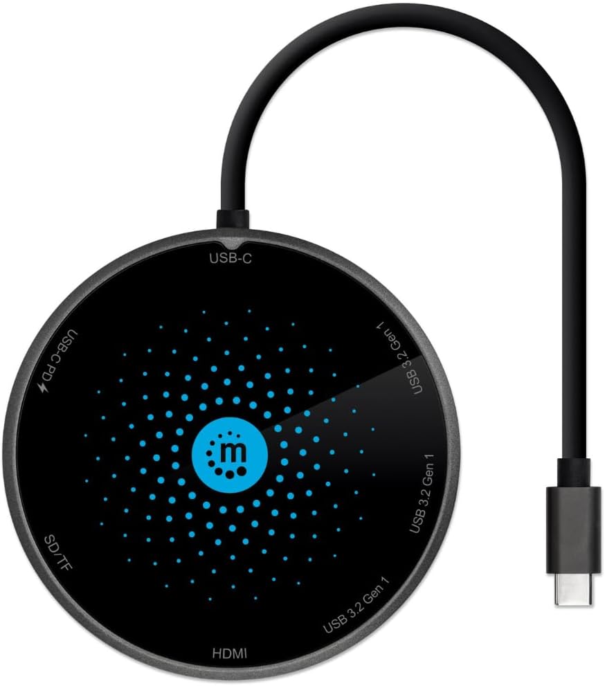 Manhattan USB-C Dock/Hub with Card Reader and Wireless Charging Pad, Ports (x5): USB-C to HDMI, USB-A (x3) and USB-C, With Power Delivery to USB-C Port (60W), Wireless 10W (Fast Charging), Black