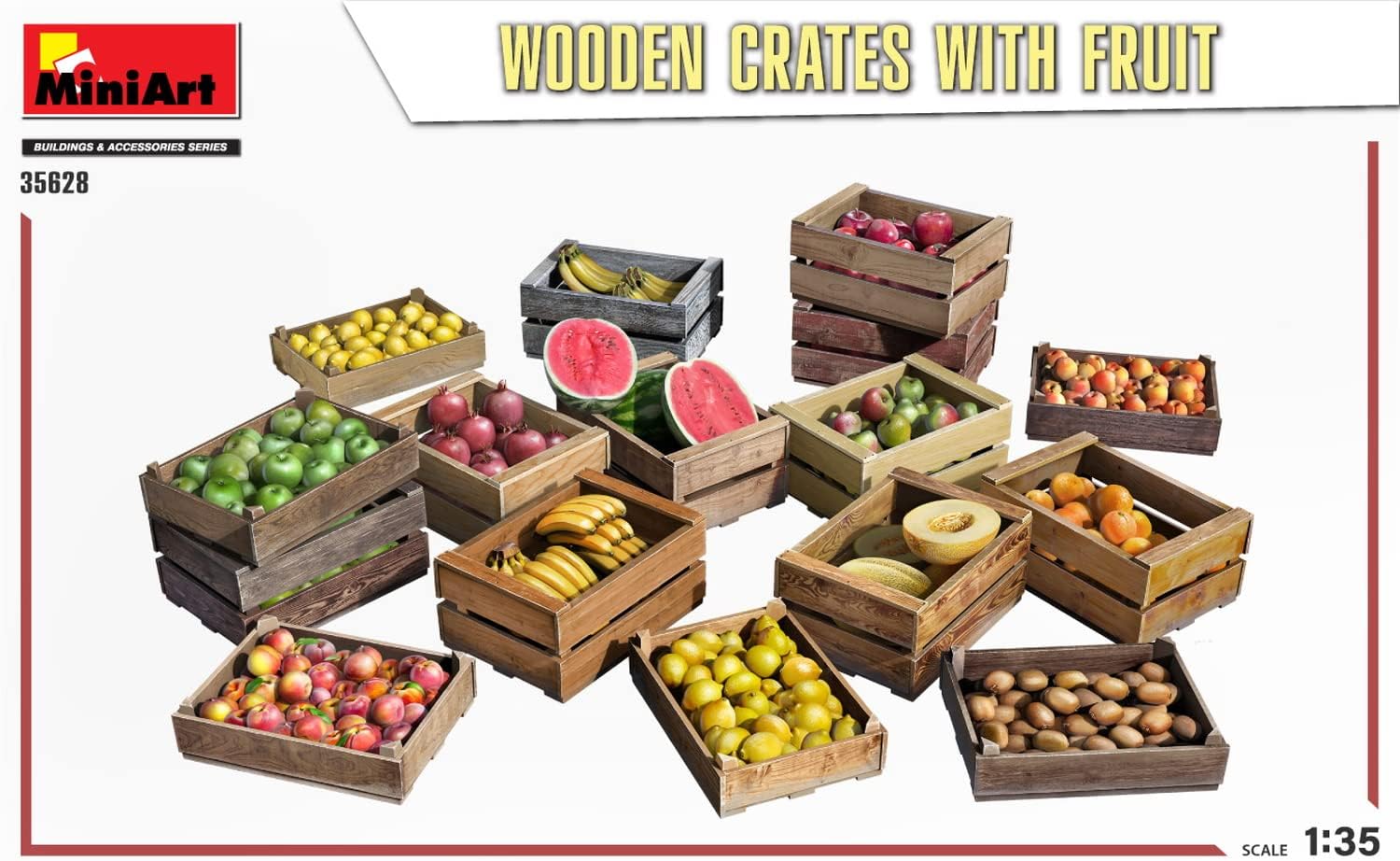 MiniArt MIN35628 1:35-Wooden Crates with Fruit Scale Model kit, Unpainted