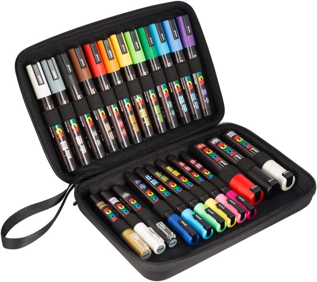 uni-ball Uni POSCA 186824 Marker Pens in Case, Suitable for Many Surfaces, Various Tips and Colours, Multi-Coloured