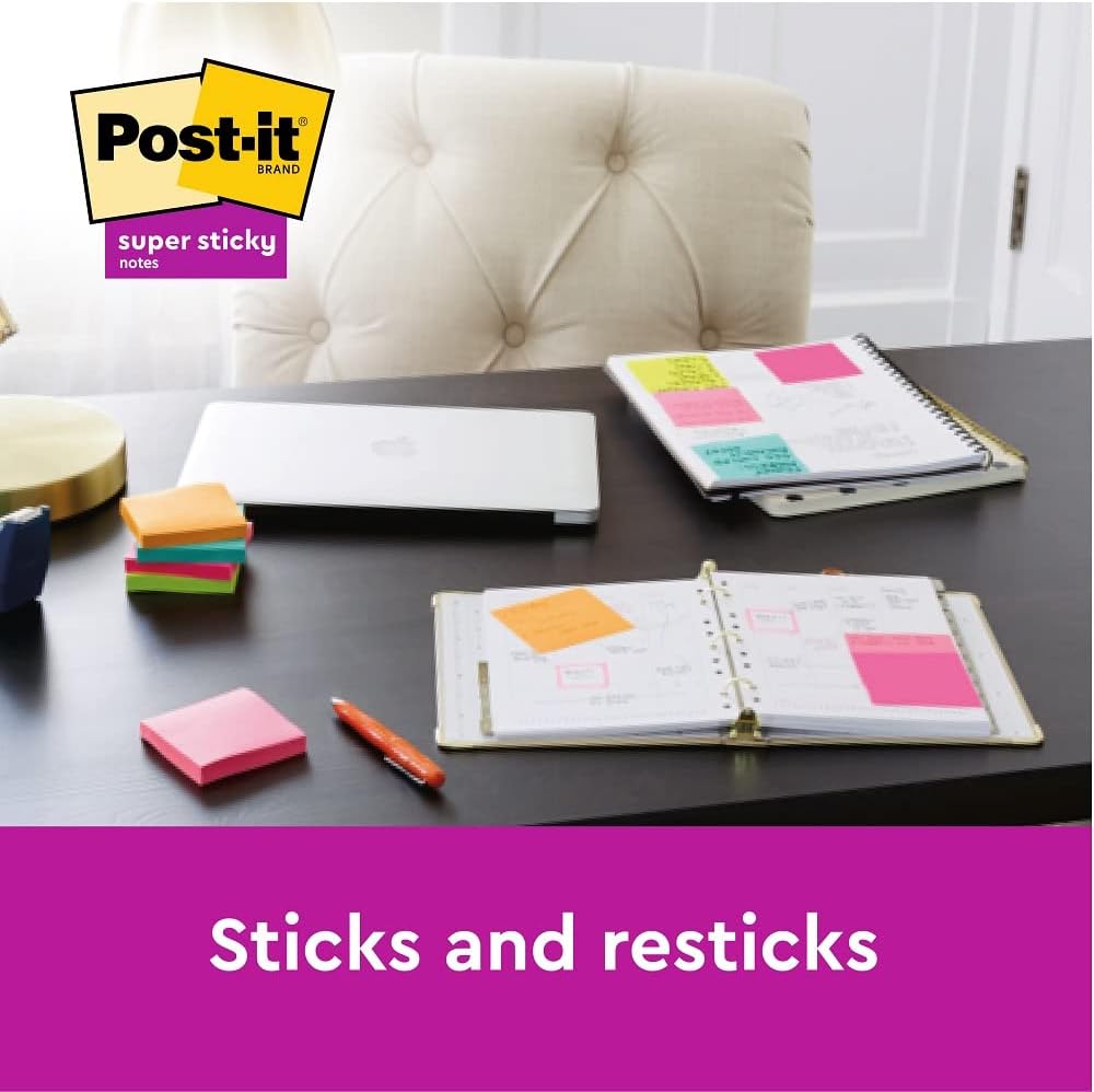 Post-it Super Sticky Notes Soulful Color Collection, Pack of 6 Pads, 90 Sheets per Pad, 76 mm x 127 mm, Pink, Purple, Green, Grey, Blue - Extra Sticky Notes For Note Taking, To Do Lists & Reminders