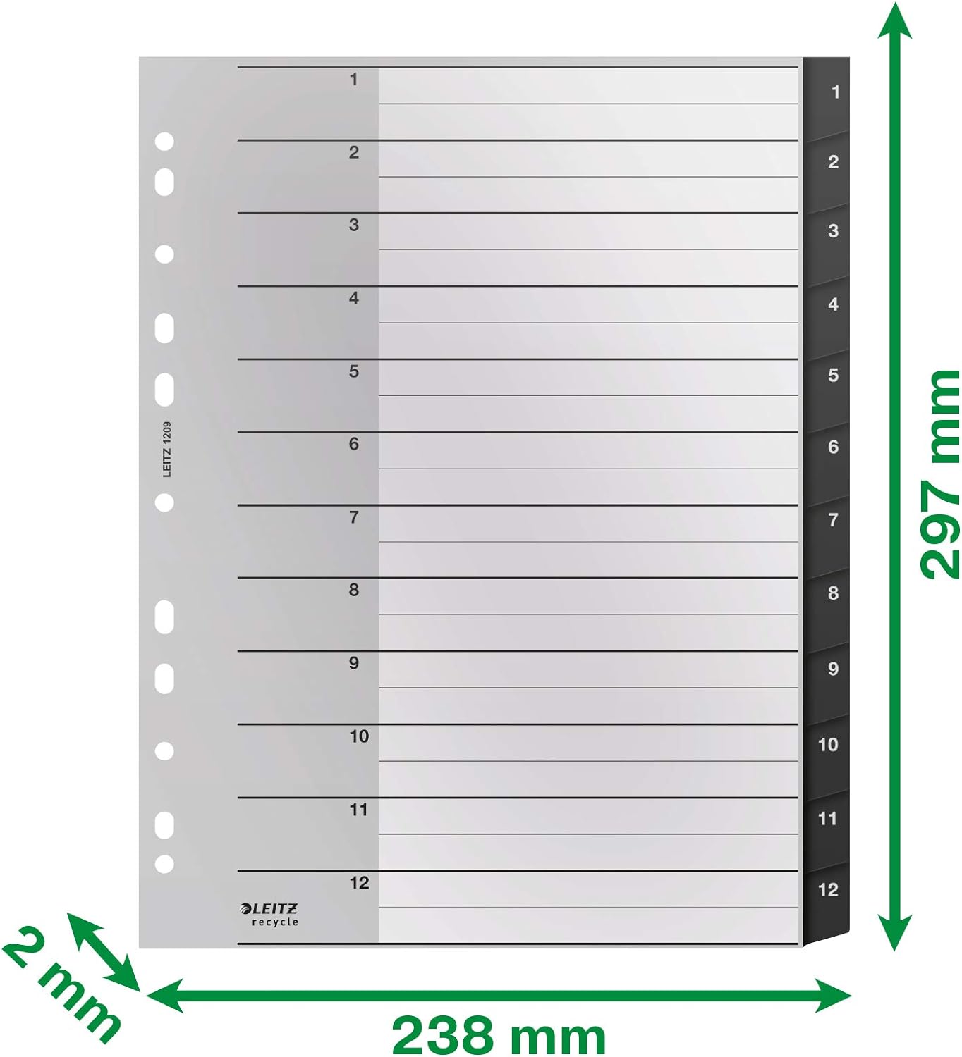 Leitz Index Folder Divider, 1-12 Numerical Tabs, A4, Extra Wide, 90% Recycled Plastic, Eco Friendly, Premium Quality, Recycle Range, 12090095, Black
